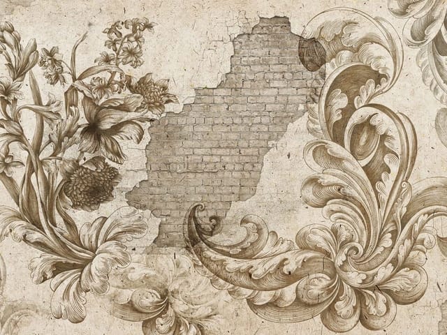 Fototapeta z ornamentami roślinnymi na tle ceglanej ściany z pęknięciami