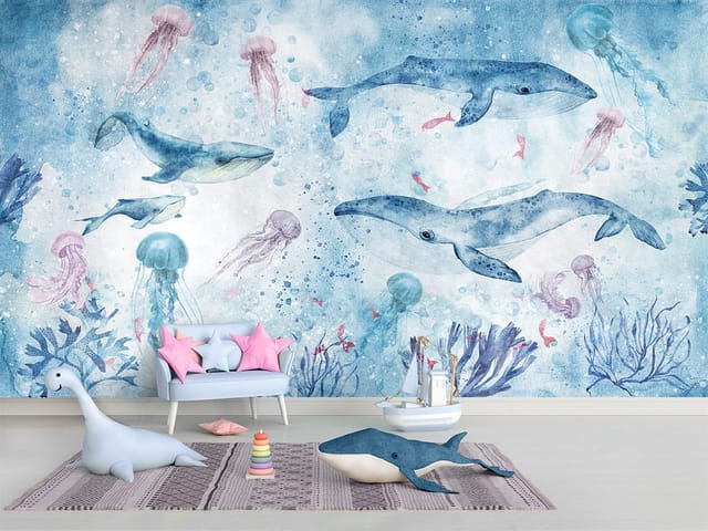 Fototapeta z wielorybami i meduzami w oceanie, bąbelki i rośliny morskie