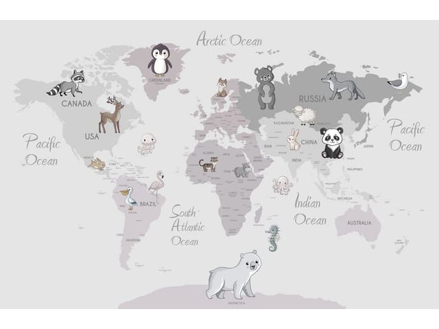 Fototapeta Mapa świata z ilustracjami zwierząt