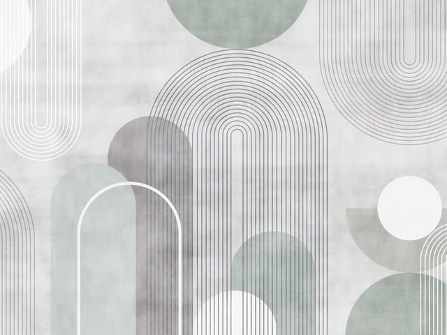 Fototapeta z geometrycznymi wzorami, łukami i zielonkawymi akcentami