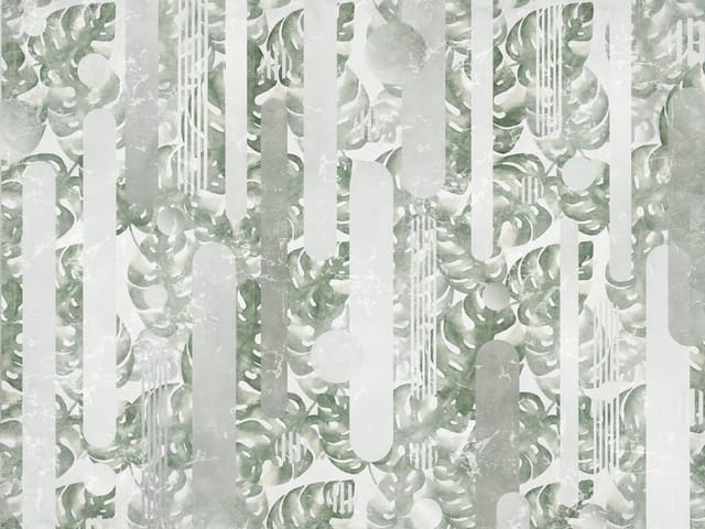 Fototapeta z pionowymi pasami i liśćmi monstery na geometrycznym tle