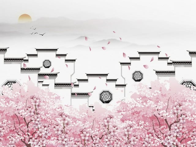 Fototapeta z kwiatami wiśni, tradycyjnymi budynkami i słońcem za chmurami