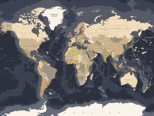 Fototapeta z mapą świata, kontynenty i nazwy krajów, oceany w ciemnych odcieniach
