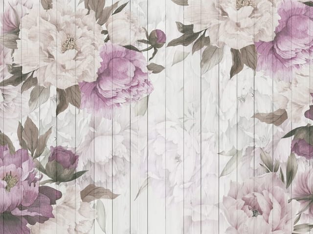 Fototapeta z dużymi kwiatami piwonii na tle drewnianych desek