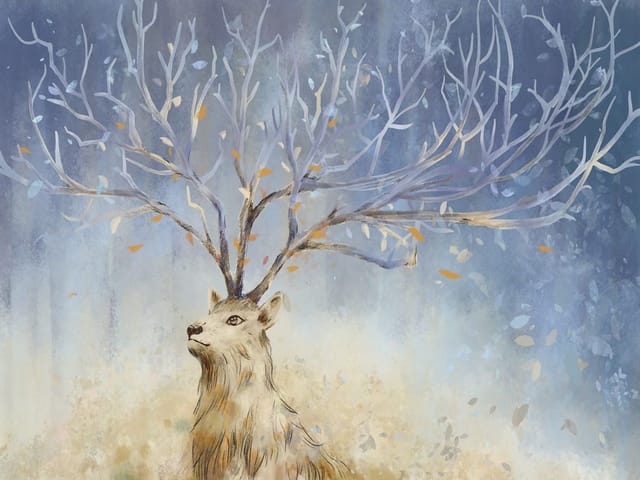 Fototapeta przedstawiająca jelenia z gałęziami jako poroże na rozmytym tle z liśćmi