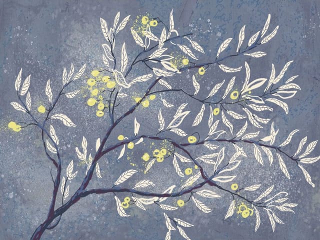 Fototapeta Gałąź drzewa z liśćmi i owocami (kod: 25710) Fototapeta z gałęzią drzewa, białymi liśćmi i żółtymi owocami na niebieskim tle