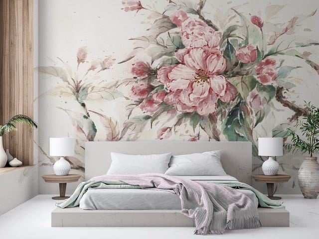 Fototapeta Różowe kwiaty sakury z liśćmi (kod: 25711) Fototapeta z różowymi kwiatami sakury na gałęzi i zielonymi liśćmi