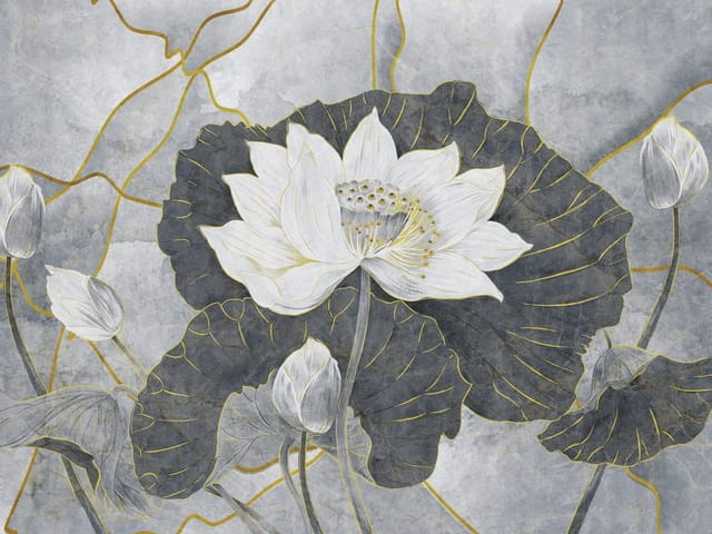 Fototapeta Biały kwiat lotosu i ciemne liście (kod: 25715) Fototapeta z białym kwiatem lotosu na tle ciemnych liści i szarym tłem