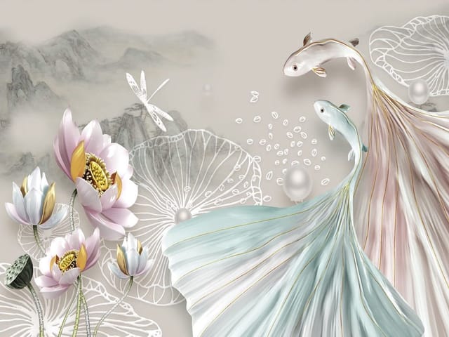 Fototapeta Ryby i Kwiaty Lotosu