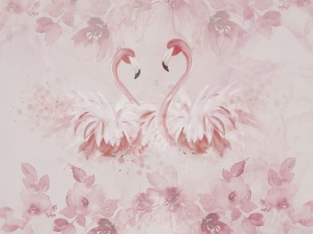 Fototapeta z dwoma różowymi flamingami na tle kwiatowych wzorów