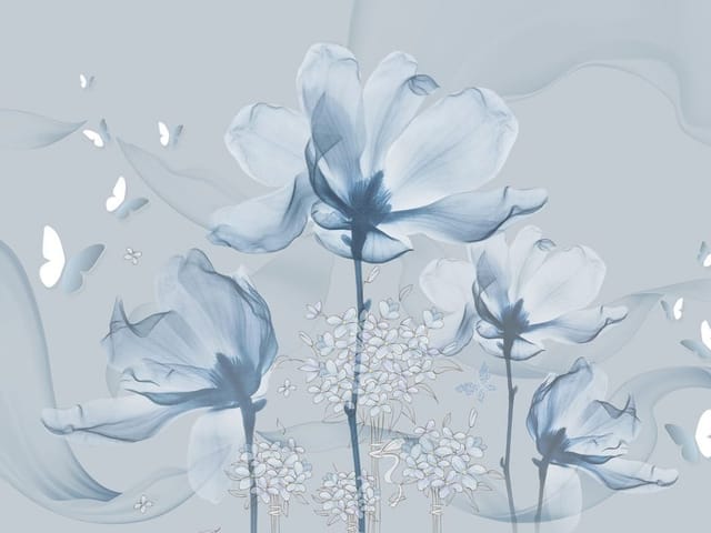 Fototapeta z dużymi niebieskimi kwiatami na jasnym tle i białymi motylami