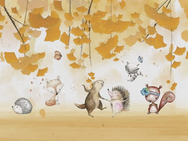 Fototapeta z tańczącymi zwierzętami w lesie, jeżem, wydrą i lisem