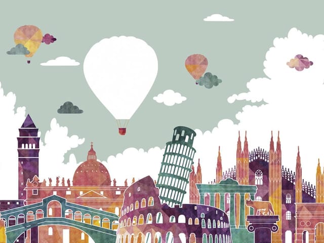 Fototapeta z krajobrazem pełnym zabytków i balonów na niebie