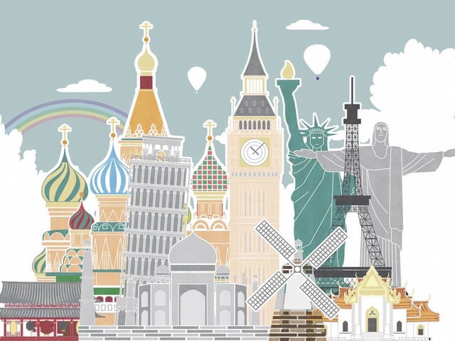 Fototapeta z wieżą Eiffla, Statuą Wolności, Big Benem i Krzywą Wieżą w Pizie