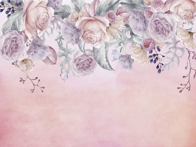 Fototapeta z pastelowymi różami i liśćmi na różowym tle