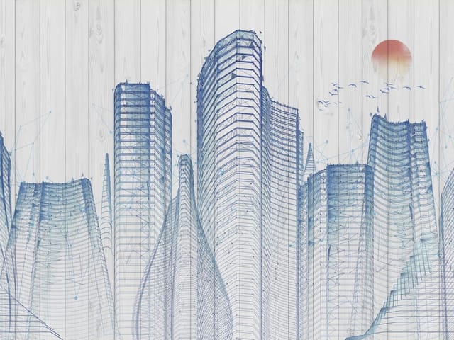 Fototapeta z nowoczesnymi wieżowcami w szkicu na jasnym tle