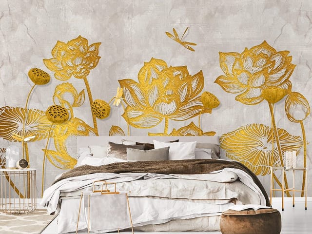 Fototapeta Złote Lotosy na Szarym Tle