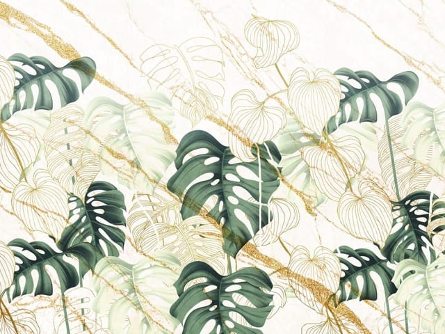 Fototapeta z dużymi zielonymi liśćmi monstery na marmurowym tle