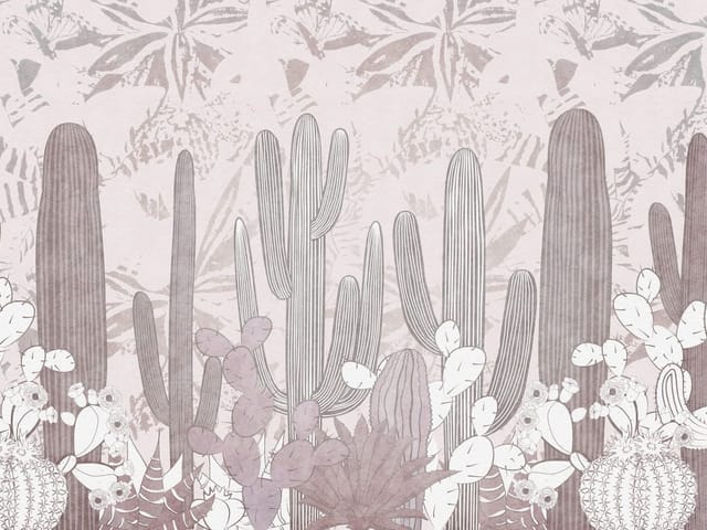 Fototapeta z różnorodnymi kaktusami na pustyni w pastelowych kolorach