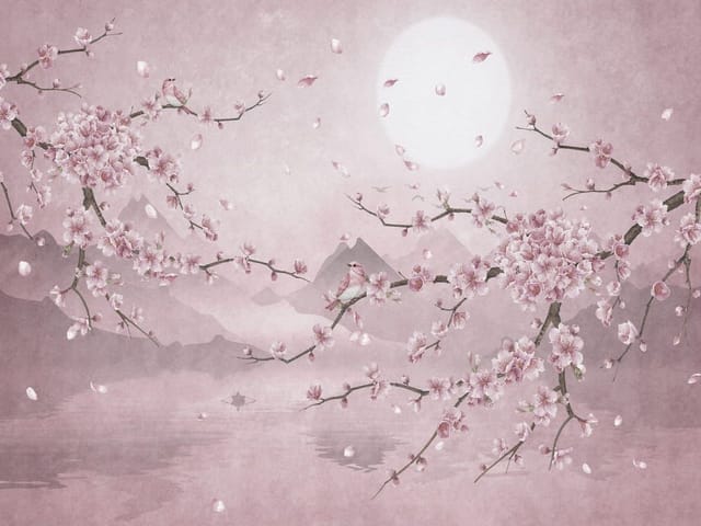 Fototapeta Kwitnąca Sakura z Księżycem (kod: 25782) Fototapeta z gałęziami kwitnącej wiśni, księżycem, górami i jeziorem