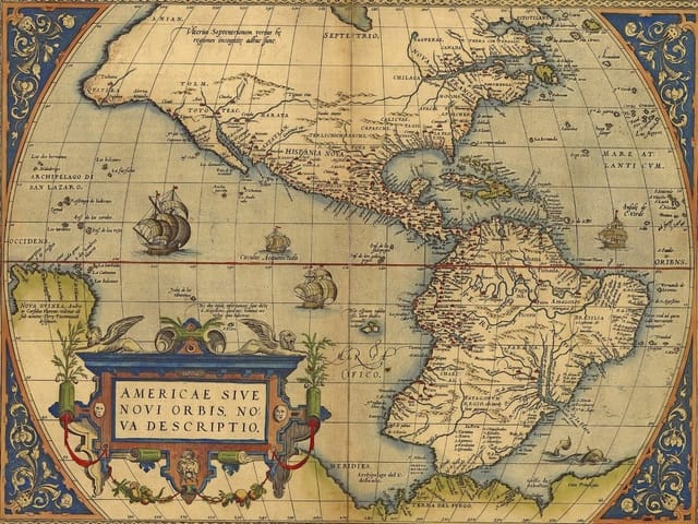 Fototapeta Stara mapa Ameryki z ozdobami (mpn: 2579) Fototapeta przedstawiająca starą mapę Ameryki z ozdobnymi ramkami i żaglowcami.