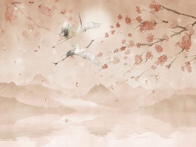 Fototapeta z żurawiami nad wodą, kwiatami wiśni i górami w tle