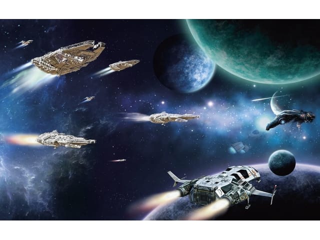 Fototapeta Kosmiczna podróż wśród planet (mpn: 2580) Fototapeta Planety – statki kosmiczne w przestrzeni kosmicznej
