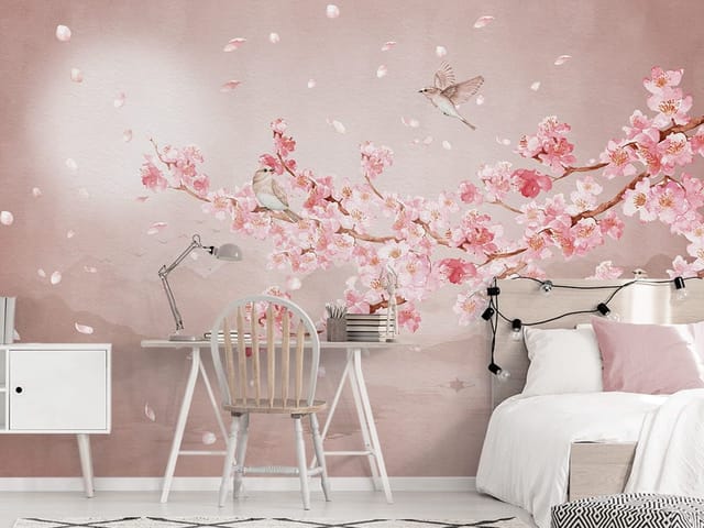 Fototapeta Sakura i Góry nad Wodą (kod: 25801) Fototapeta z gałęzią sakury, płatkami kwiatów i górami w tle