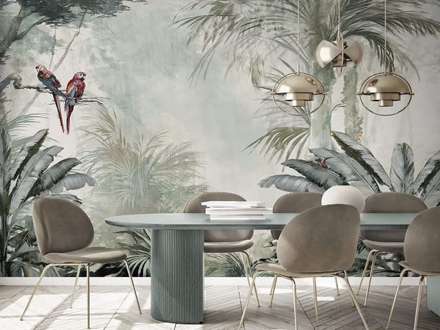 Fototapeta z tropikalną roślinnością i papugami w dżungli