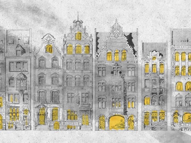 Fototapeta z szeregiem kamienic o ozdobnych fasadach i żółtych oknach