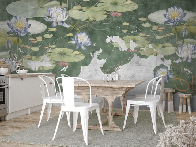 Fototapeta z kwiatami lilii wodnych na stawie z zielonym tłem