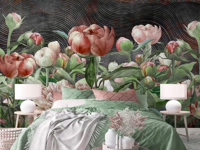 Fototapeta z bukietem różowych piwonii na ciemnym tle