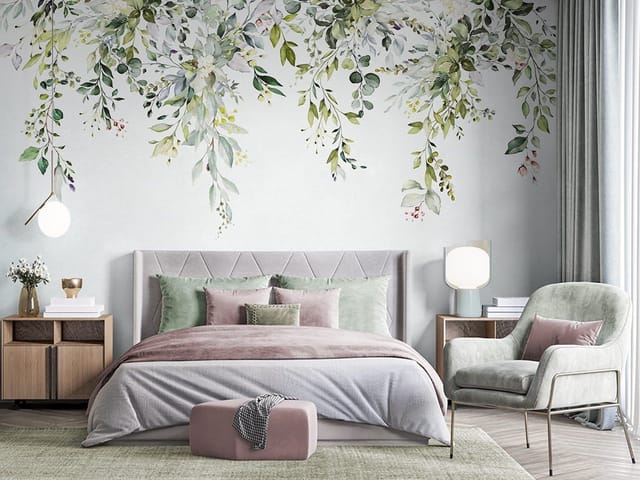 Fototapeta z wiszącymi gałęziami i delikatnymi liśćmi na jasnym tle