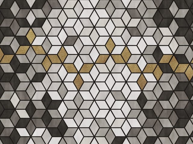 Fototapeta z geometrycznym wzorem czarno-białych sześcianów z żółtymi akcentami
