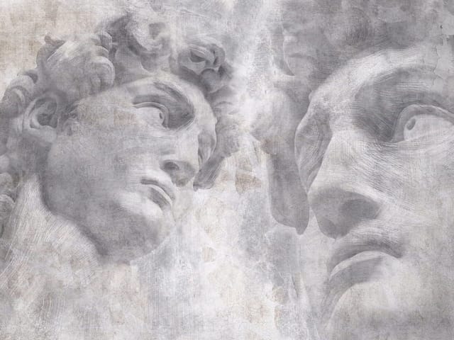 Fototapeta z dwoma marmurowymi popiersiami na szarym tle