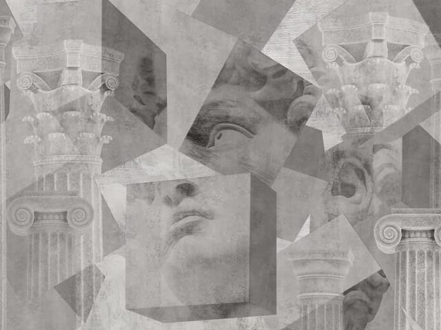 Fototapeta z fragmentami klasycznych kolumn i rzeźb w geometrycznych kształtach