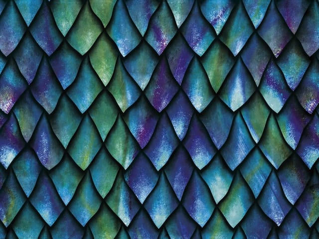 Fototapeta z kolorowymi łuskami w regularnym wzorze, odcienie zieleni i niebieskiego