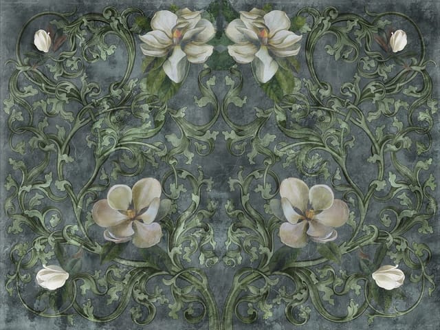 Fototapeta z dużymi kwiatami magnolii i wijącymi się liśćmi na ciemnym tle