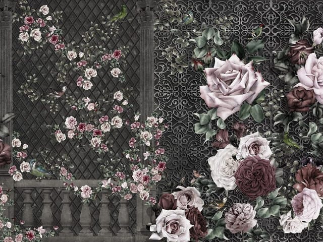 Fototapeta z dużymi różami na ciemnym tle z ornamentami i kolumnami