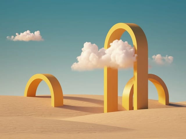 Fototapeta z żółtymi łukami na piasku, błękitne niebo z chmurami