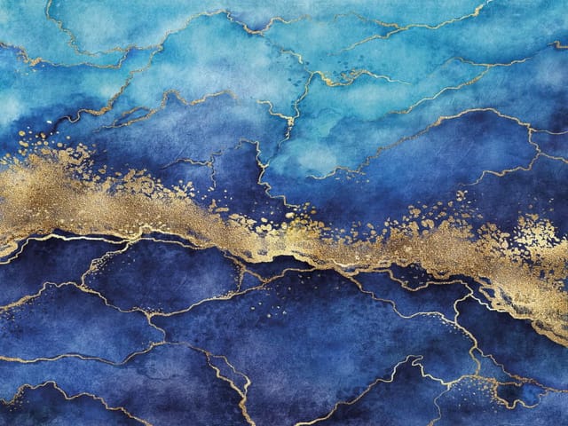 Fototapeta Abstrakcyjne Niebieskie Wzory z Złotymi Liniami (kod: 25961) Fototapeta z abstrakcyjnymi niebieskimi wzorami i złotymi liniami, przypominająca marmur