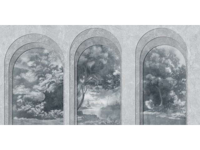 Fototapeta Pejzaż za łukowymi oknami (kod: 25976) Fototapeta z trzema łukowymi oknami, drzewa, chmury i woda