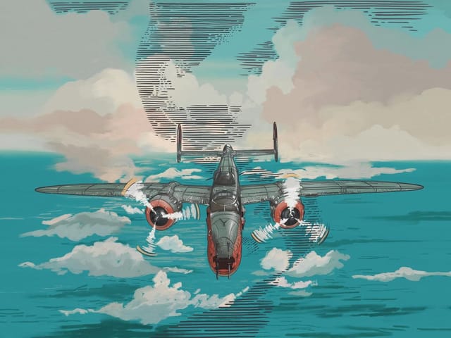 Fototapeta przedstawiająca samolot lecący nad chmurami i oceanem z widocznymi silnikami