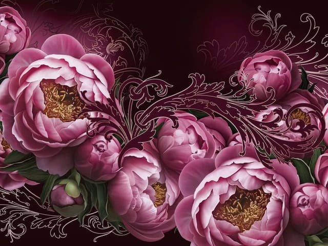 Fototapeta z dużymi różowymi piwoniami na ciemnym tle z wzorami