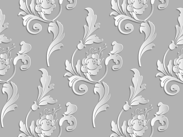 Fototapeta z białymi ornamentami roślinnymi na szarym tle, stylizowane liście i kwiaty