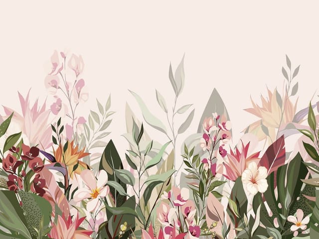 Fototapeta z różnorodnymi kwiatami i liśćmi na jasnym tle