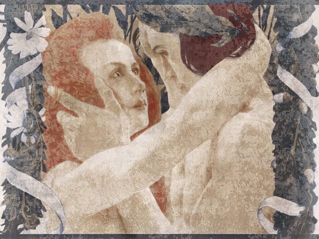 Fototapeta z antycznymi postaciami w pastelowych barwach i roślinnymi ornamentami