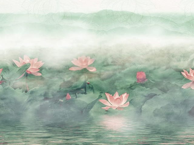 Fototapeta z liliami i kwiatami lotosu na wodzie, zielone liście i mgła