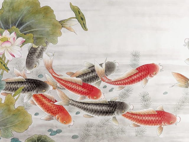 Fototapeta z kolorowymi rybami koi, liśćmi i kwiatami lotosu