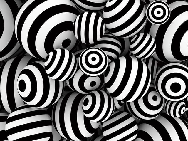 Fototapeta z czarno-białymi kulistymi wzorami 3D i paskami